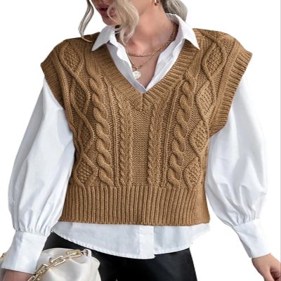Sweater Vest for Women V Neck Sleeveless Knit Solid Casual Ribbed Preppy Pullover Tops Khaki XL