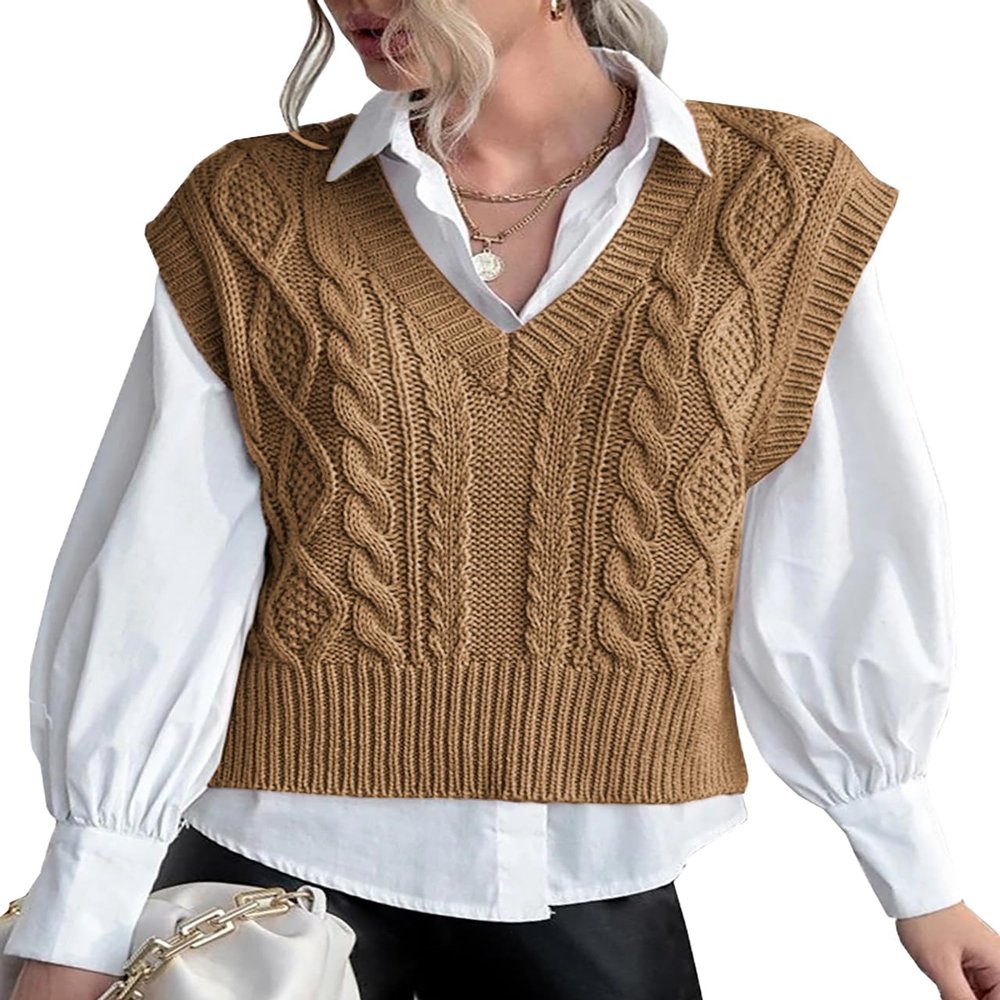 Sweater Vest for Women V Neck Sleeveless Knit Solid Casual Ribbed Preppy Pullover Tops Khaki XL
