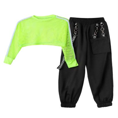 Moggemol Girls Dance Outfits Cropped Hoodie Tank Tops Jogger Pants Set Hip Hop Jazz Street Dancing Clothes C#Fluorescent04 16 Years