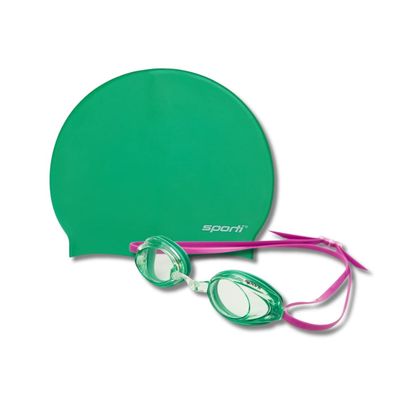 Sporti Antifog S3 Swimming Goggles & Kelly Green Silicone Swim Cap - Swim Set