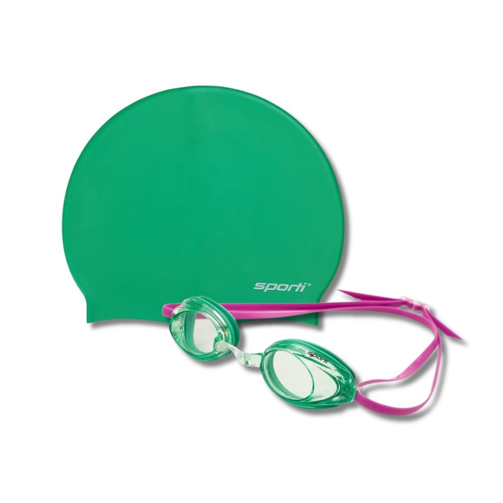 Sporti Antifog S3 Swimming Goggles & Kelly Green Silicone Swim Cap - Swim Set