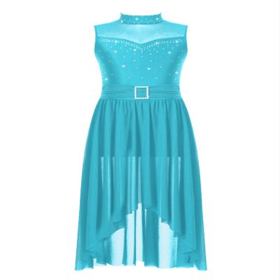 JEATHA Girls Lyrical Dance Dress Figure Skating Rhinestones Sleeveless High-Low Tulle Skirt Leotard Dancewear Turquoise 14 Years
