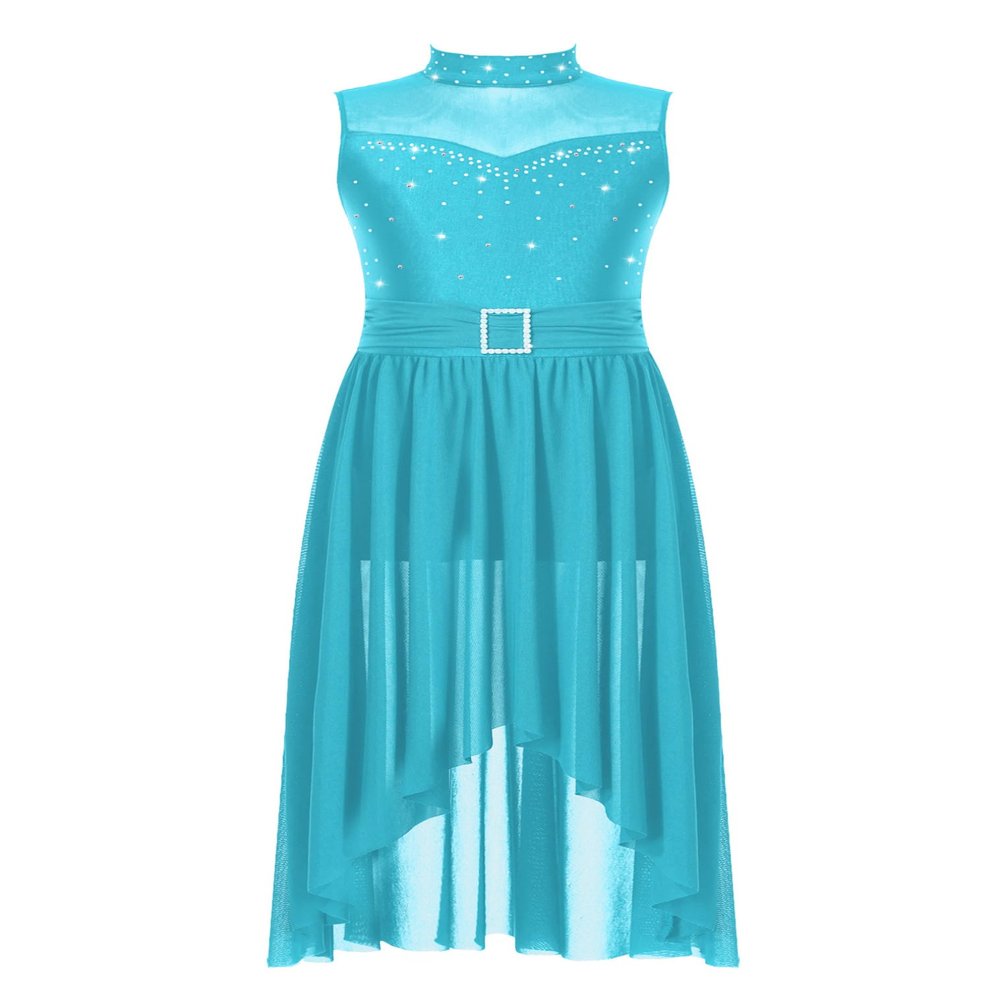 JEATHA Girls Lyrical Dance Dress Figure Skating Rhinestones Sleeveless High-Low Tulle Skirt Leotard Dancewear Turquoise 14 Years