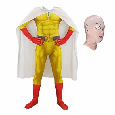 QAHEART Saitam Jumpsuit Superhero Bodysuit Muscles Halloween Cosplay Costume Outfit One-piece Suit with Cape Headgear