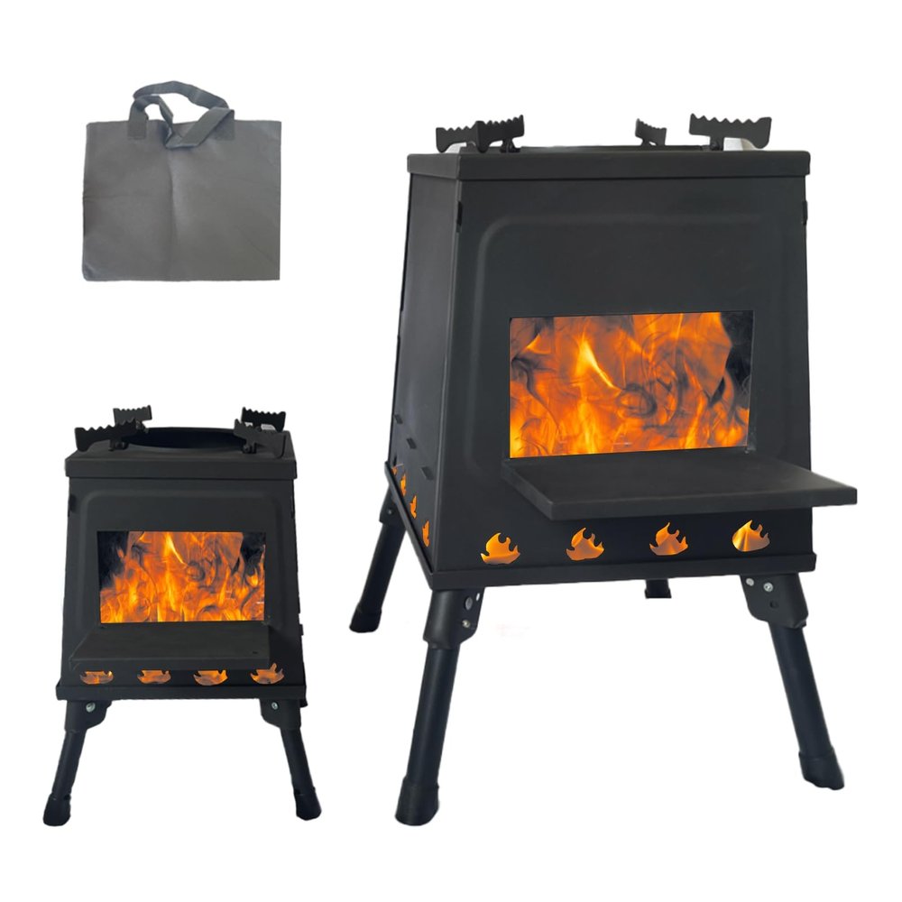 Upgraded Small Camp Wood Stove with Carrying Case, 13.8inch Black Woodstove Portable Camping Stove, Durable Iron Wood Burning Stoves for Outdoor, Fishing, Backpacking and Cooking