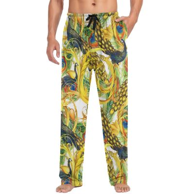 visesunny Men's Pajama Bottoms Cotton Lightweight Gold Peacock Casual Lounge Pants with Pockets Soft Sleep Pj for Men