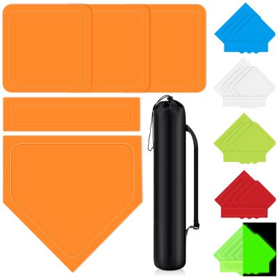 Hiboom 5 Pcs Baseball & Softball Base Set with Portable Carrying Bag 3 Toss Down Bases 1 Homeplate 1 Pitching Rubber for Kickball Softball Backyard Playground Practice Adults(Orange,Solid)