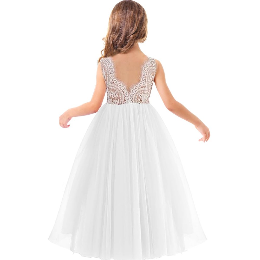 1st Communion Dress: Kids Girl Toddler Full-Length Straight Tulle Tutu Lace Back Wedding Guest Party Fairy Flower Girl Dress Daddy Daughter Dance Evening Princess Angel Ball Gown White 13-14 Years