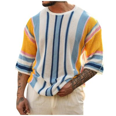 Mens Sweater, Men's Summer Round Neck Medium Sleeved Sweater Striped Knit Men Chunky Sweater Big and Tall Pullover Sweaters for Zip Knitted Sweaters Fashion Sweatshirts Sweaters (L, White)