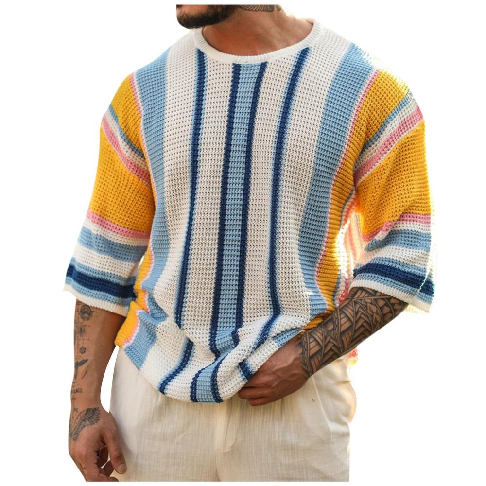 Mens Sweater, Men's Summer Round Neck Medium Sleeved Sweater Striped Knit Men Chunky Sweater Big and Tall Pullover Sweaters for Zip Knitted Sweaters Fashion Sweatshirts Sweaters (L, White)