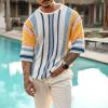 Mens Sweater, Men's Summer Round Neck Medium Sleeved Sweater Striped Knit Men Chunky Sweater Big and Tall Pullover Sweaters for Zip Knitted Sweaters Fashion Sweatshirts Sweaters (L, White) view 2