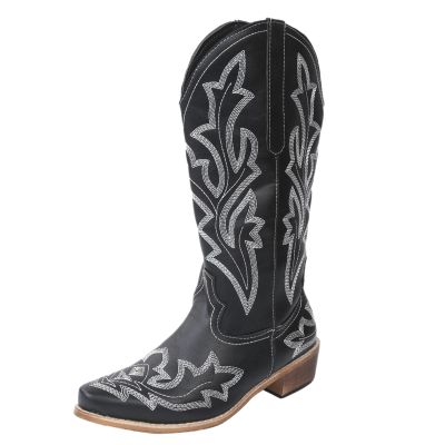 Ladmiple Womens Cowboy Boots Black And White Women's Embroidered Western Cowboy Boots Knee High Stitching Almond Medium Heel Chunky Heel Pointed Toe Fashion Retro Classic Boot Pull-On