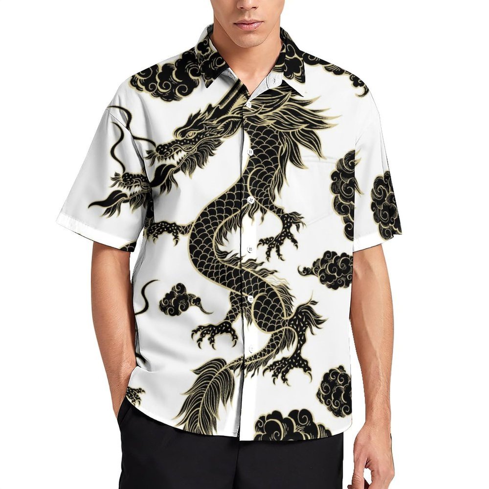 EdNeY Black White Chinese Dragon Men's Casual Short Sleeve Button Down Hawaiian Shirts Regular Fit Beach Bowling Shirts with Front Pocket,Size 2XL
