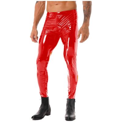 Miutii Men's Faux Leather Wet Look Biker Pants Elastic Waist Skinny Straight Leg Pants Leggings Red Medium