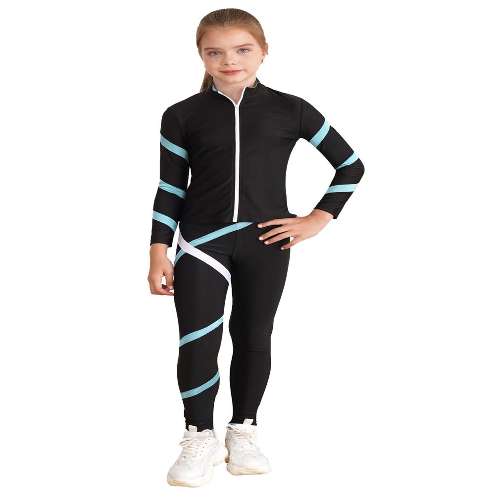 Huimingda Kids Girls Figure Skating Training Suit Zipper Stand Collar Long Sleeve Jacket with Pants Sport Trakcsuit Light Blue 8 Years
