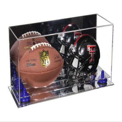 Better Display Cases Acrylic Mini - Miniature (not Full Size) Football and Helmet Display Case with Mirror Case, Dark Blue Risers and Mirror Base (B46/A019)