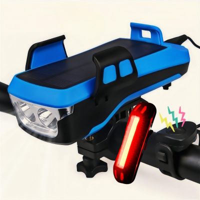 5 in 1, Solar Bike Light with Phone Holder, Horn (Blue 4000mAh)