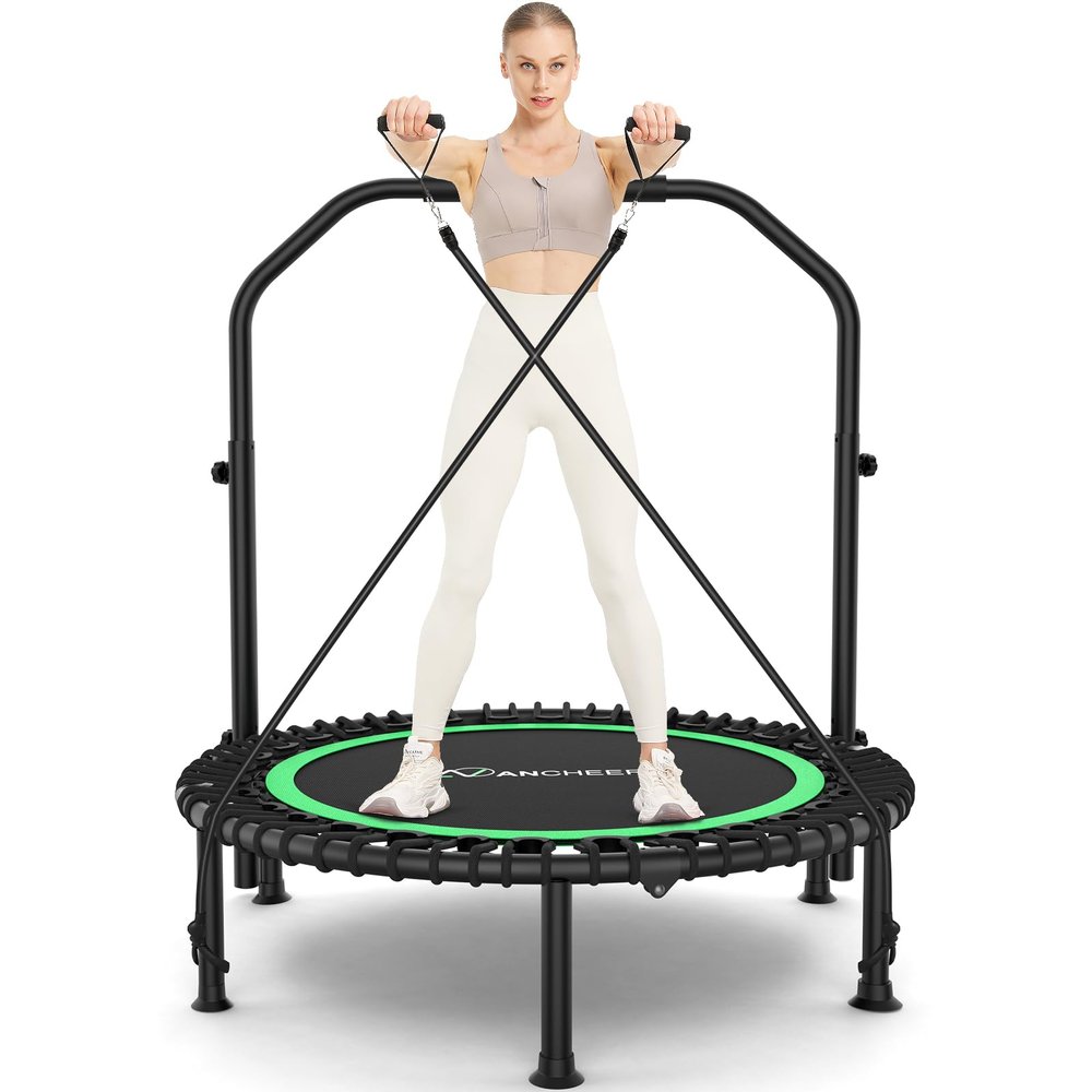 ANCHEER 40" Foldable Mini Trampoline, Fitness Rebounder with Adjustable Foam Handle, Exercise Trampoline for Adults Indoor/Garden Workout,Green