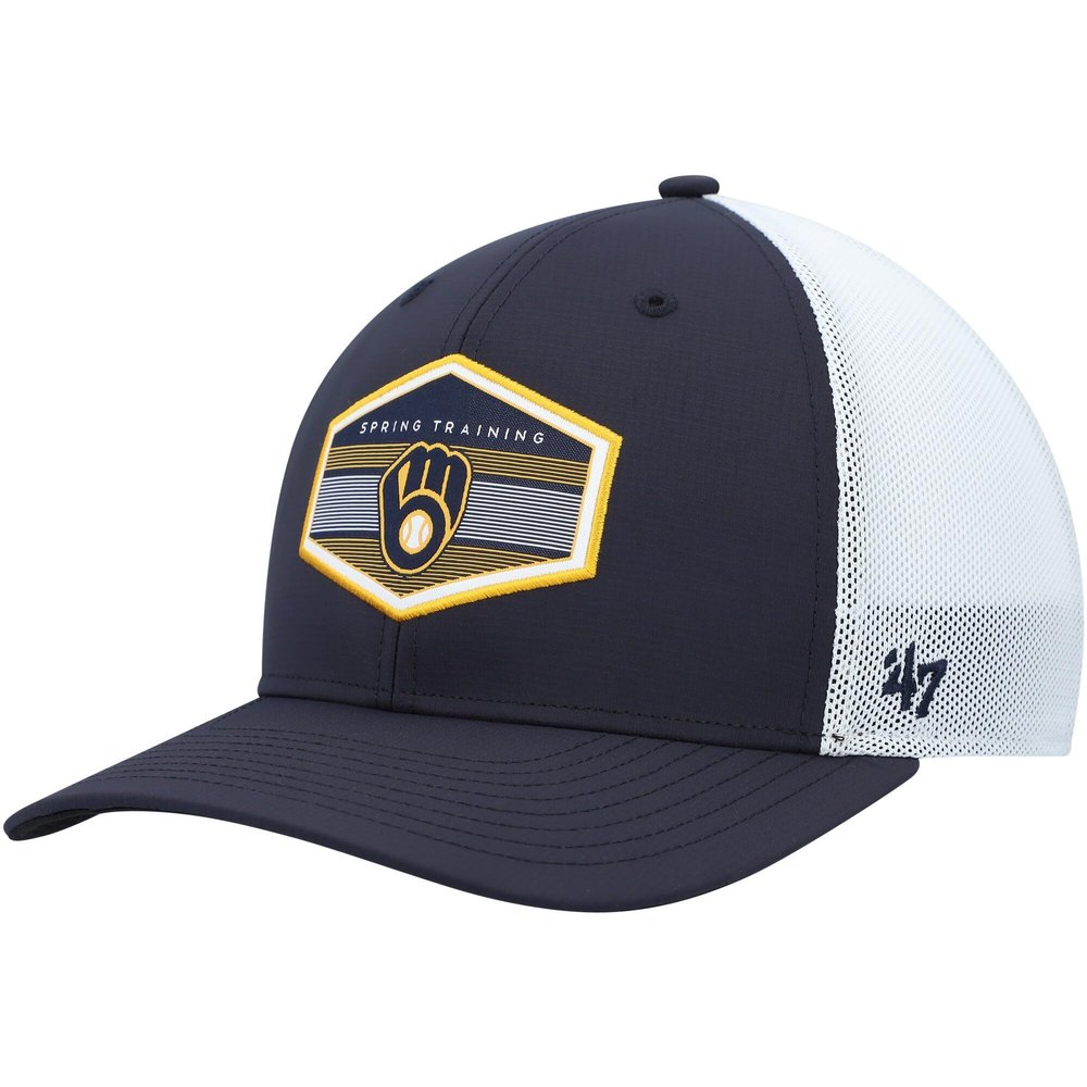 47 MLB Burgess Adjustable Snapback Mesh Trucker Hat, Adult One Size Fits All (Milwaukee Brewers)