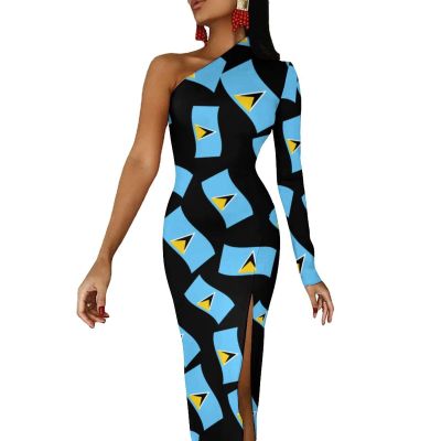 Flag of Saint Lucia Women's One Shoulder Long Sleeve Dress Sexy Slit Bodycon Wedding Party Maxi Dresses S