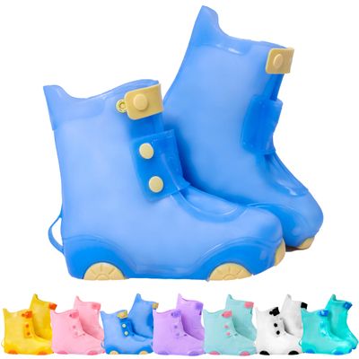 Galashield Rain Shoe Covers Kids Waterproof Shoe Cover for Boys Girls Reusable Galoshes Overshoes (Blue/Yellow, Small)