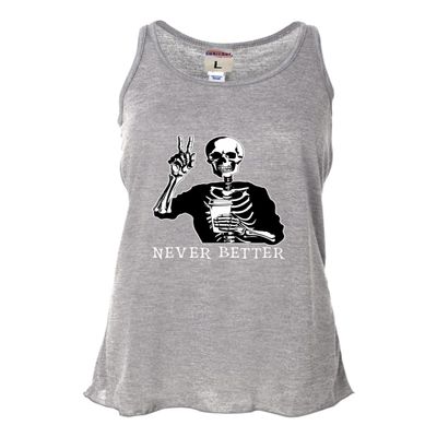 Go All Out Small Heather Grey Women Flowy Never Better Skeleton Drinking Coffee Halloween Party Sleeveless Tank Top T-Shirt