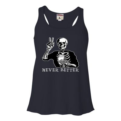 Go All Out Large Navy Blue Women Flowy Never Better Skeleton Drinking Coffee Halloween Party Sleeveless Tank Top T-Shirt