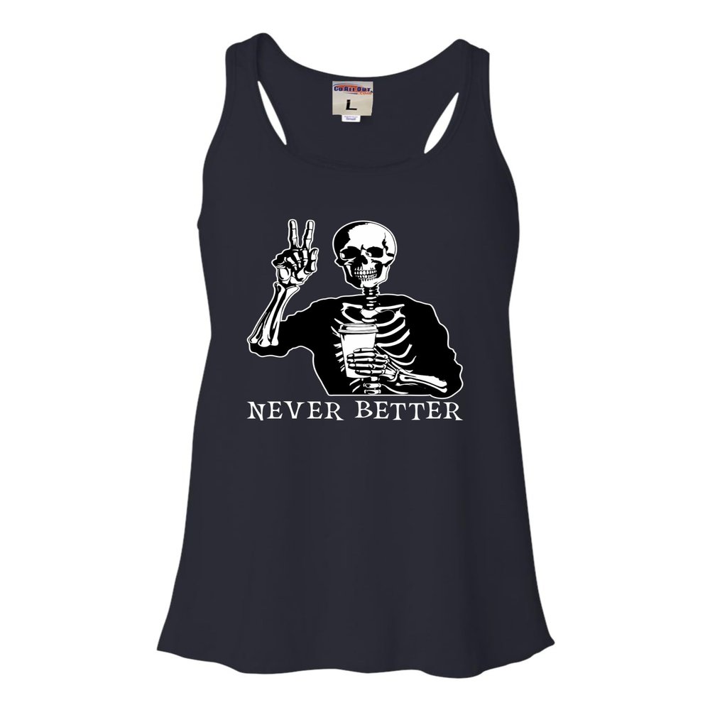 Go All Out Large Navy Blue Women Flowy Never Better Skeleton Drinking Coffee Halloween Party Sleeveless Tank Top T-Shirt