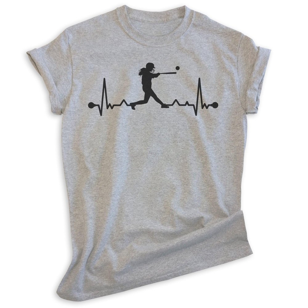 EVERTREE CLOTHING Softball Batter Heartbeat, Unisex Women's Shirt, I Love Softball Batter Lover Player Coach Gift, Heather Gray, X-Large