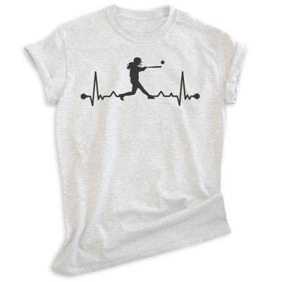 EVERTREE CLOTHING Softball Batter Heartbeat, Unisex Women's Shirt, I Love Softball Batter Lover Player Coach Gift, Heather Ash, Large