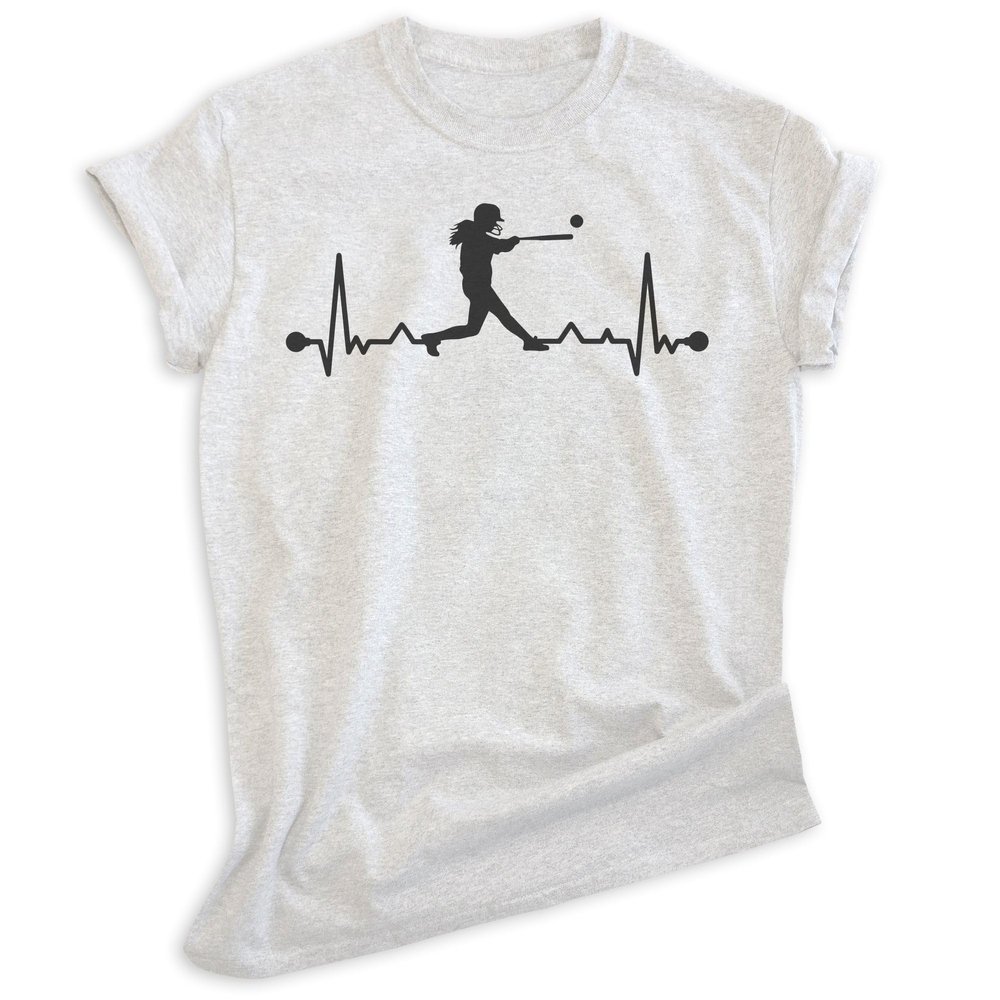 EVERTREE CLOTHING Softball Batter Heartbeat, Unisex Women's Shirt, I Love Softball Batter Lover Player Coach Gift, Heather Ash, Large