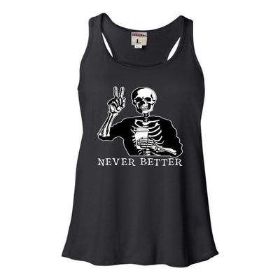 Go All Out Small Black Women Flowy Never Better Skeleton Drinking Coffee Halloween Party Sleeveless Tank Top T-Shirt