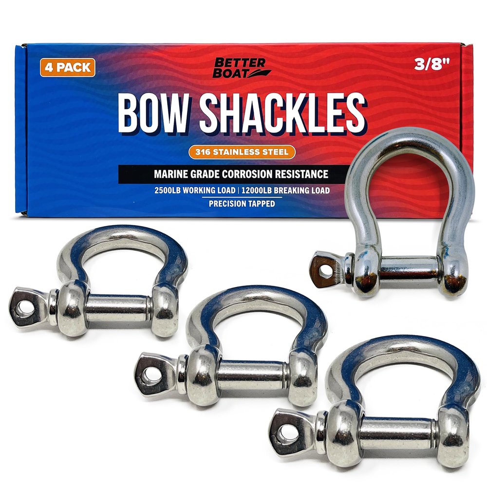 Premium Stainless Steel D-Ring Shackles, Marine Grade, 4-Pack, 3/8" Mini Bow or Clevis Anchor Shackle for Boat, Sailboat, Chain, Rigging Clasp