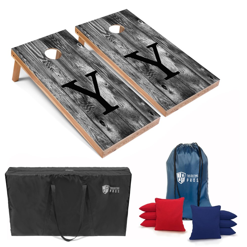 Tailgating Pros Monogrammed Grey Cornhole Boards w/Ring Lights - 4'x2' Lightweight Cornhole Game- Includes LED Rings, Carrying Case, Set of 8 Corn Hole Bags & Tote