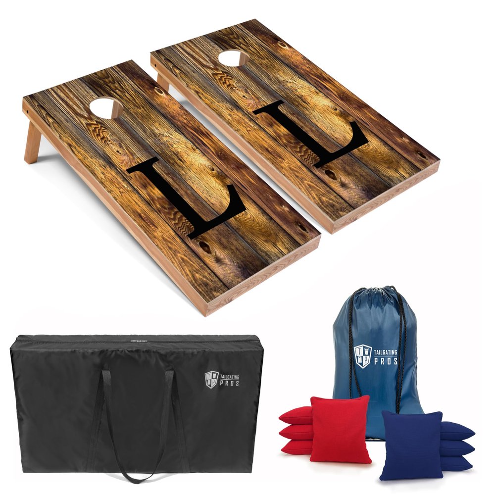Tailgating Pros Monogrammed Honey Cornhole Boards - 4'x2' Lightweight Cornhole Game- Includes Carrying Case, Set of 8 Corn Hole Bags & Tote