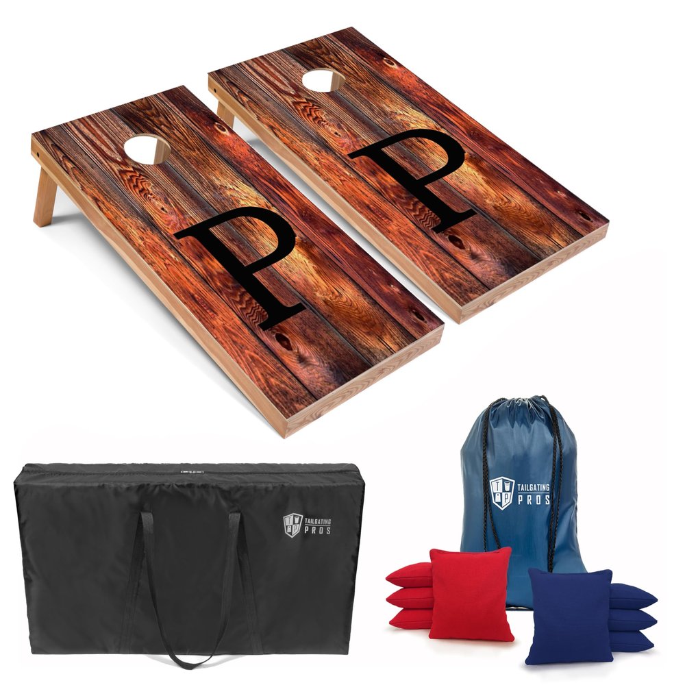 Tailgating Pros Monogrammed Red Cornhole Boards w/Ring Lights - 4'x2' Lightweight Cornhole Game- Includes LED Rings, Carrying Case, Set of 8 Corn Hole Bags & Tote