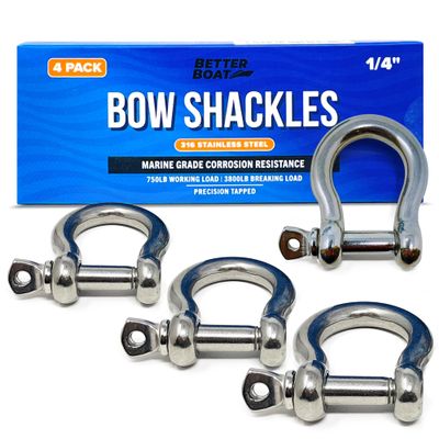 Premium Stainless Steel D-Ring Shackles, Marine Grade, 4-Pack, 1/4" Mini Bow or Clevis Anchor Shackle for Boat, Sailboat, Chain, Rigging Clasp