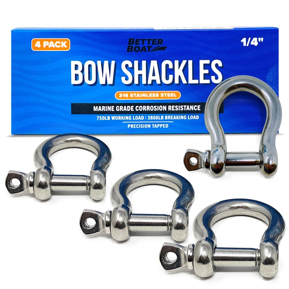 Premium Stainless Steel D-Ring Shackles, Marine Grade, 4-Pack, 1/4" Mini Bow or Clevis Anchor Shackle for Boat, Sailboat, Chain, Rigging Clasp