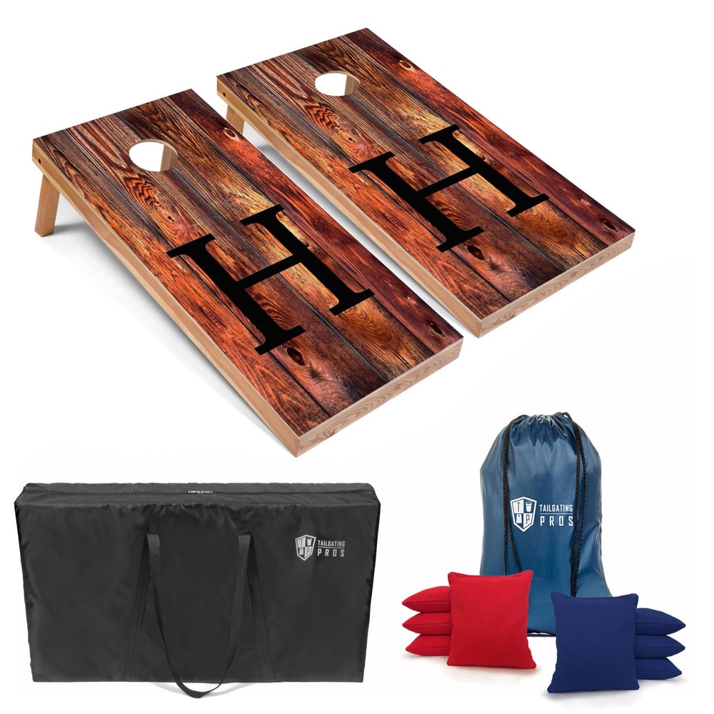 Tailgating Pros Monogrammed Red Cornhole Boards w/Ring Lights - 4'x2' Lightweight Cornhole Game- Includes LED Rings, Carrying Case, Set of 8 Corn Hole Bags & Tote