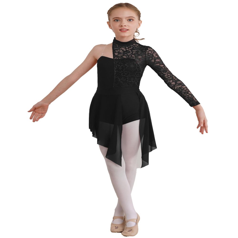 JEATHA Kids Girls Floral Lace Ballet Leotard with Skirt Asymmetrical Ice Skating Dress Lyrical Modern Dance Costume Black 6 Years