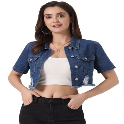 Allegra K Cropped Denim Jacket for Women's Short Sleeve Button Down Frayed Short Jeans Jackets X-Small Blue