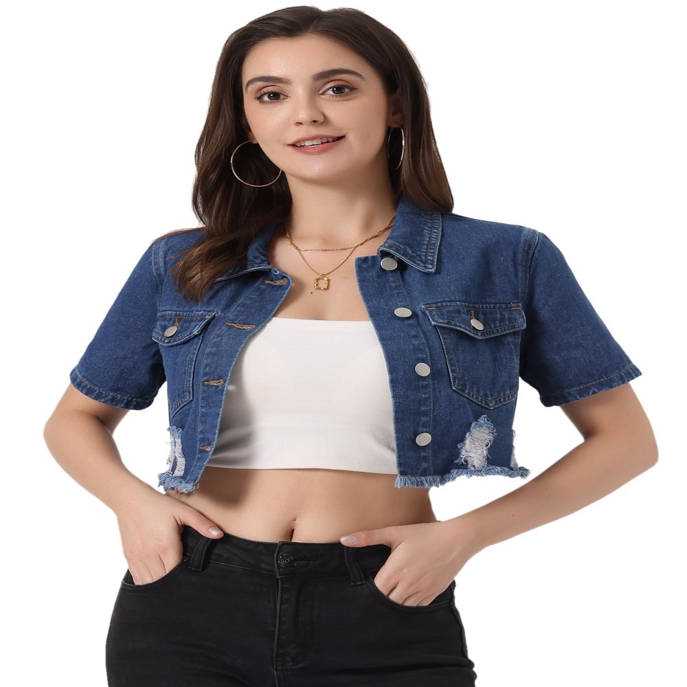 Allegra K Cropped Denim Jacket for Women's Short Sleeve Button Down Frayed Short Jeans Jackets X-Small Blue