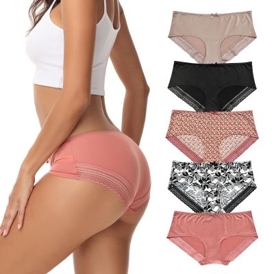 ADOVAKKER Women Underwear Cheeky Panties Stretch Lace Underpants for ladies Silky Nylon Sexy Briefs 5-pack B-XL