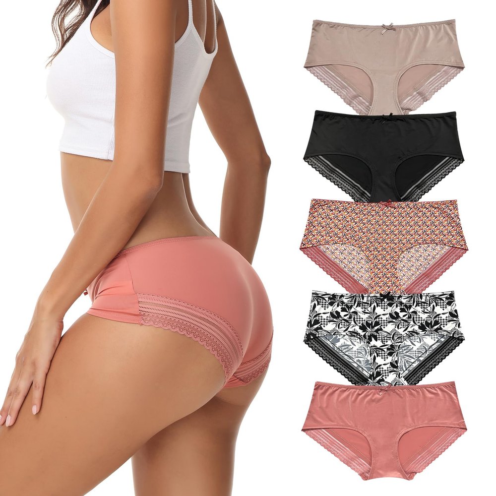 ADOVAKKER Women Underwear Cheeky Panties Stretch Lace Underpants for ladies Silky Nylon Sexy Briefs 5-pack B-XL