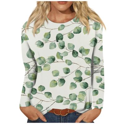 Work Tops for Women, Oversized Tshirt Maternity Shirts Women's Fashion Casual Round Neck Long Sleeve Printed T-Shirt Top Thermal Women Shirts Long Sleeve Women Plus Size Shirts (2-Green,X-Large)