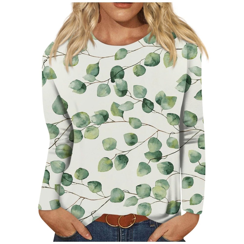 Work Tops for Women, Oversized Tshirt Maternity Shirts Women's Fashion Casual Round Neck Long Sleeve Printed T-Shirt Top Thermal Women Shirts Long Sleeve Women Plus Size Shirts (2-Green,X-Large)