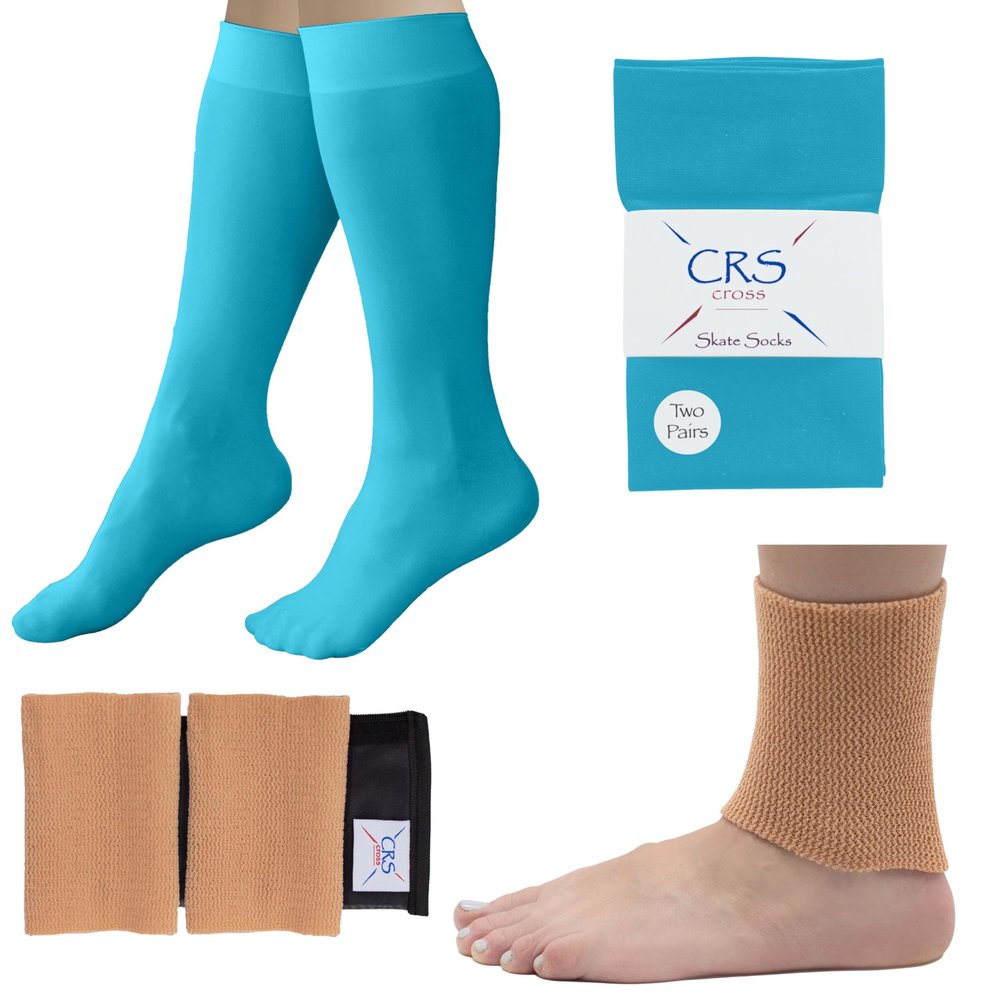 CRS Cross Ankle Gel Sleeves (2 Sleeves) and CRS Cross Figure Skating Socks (2 Pairs) Toe Loop Turquoise