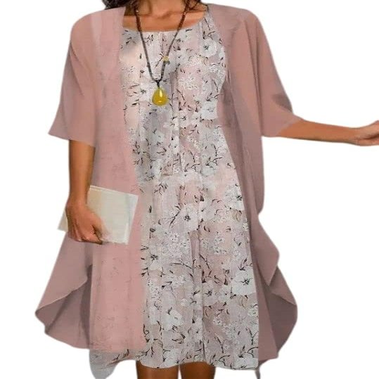 Guteidee Women Floral Print Dress with Jacket Two Piece Set Crewneck Sleeveless Wedding Guest Summer Flowy Midi Dress-1-M