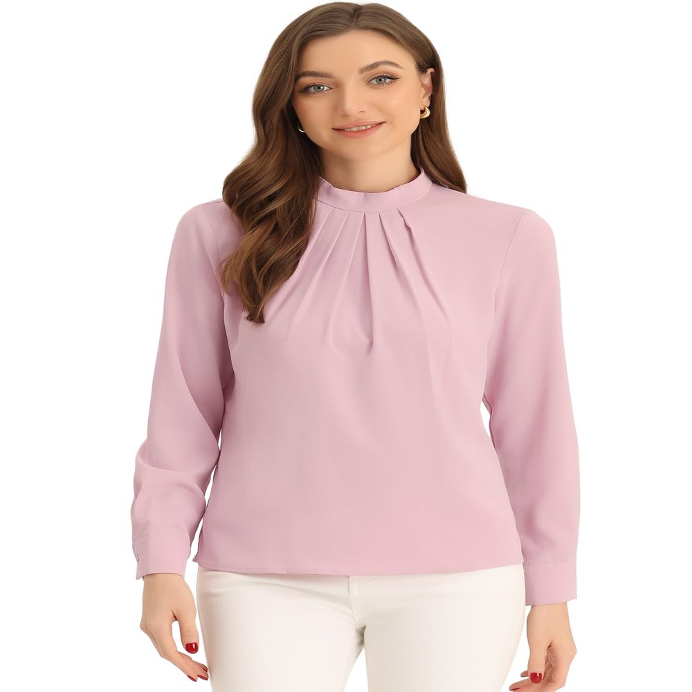 Allegra K Work Blouses for Women Stand Collar Long Sleeve Ruched Dressy Business Casual Work Shirt X-Large Pink