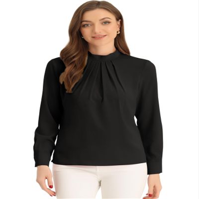 Allegra K Work Blouses for Women Stand Collar Long Sleeve Ruched Dressy Business Casual Work Shirt X-Small Black